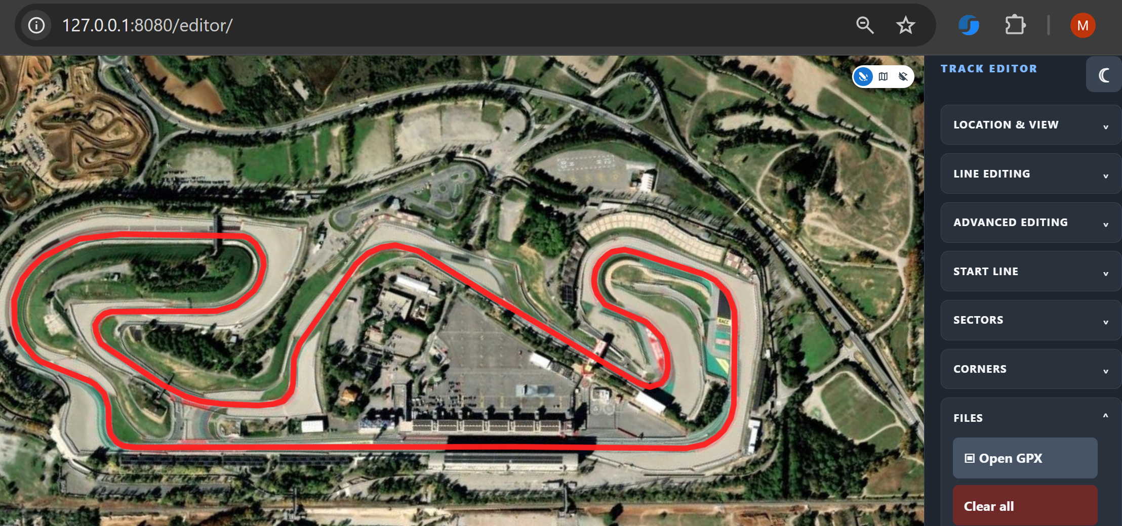 Full racing circuit trace over satellite imagery