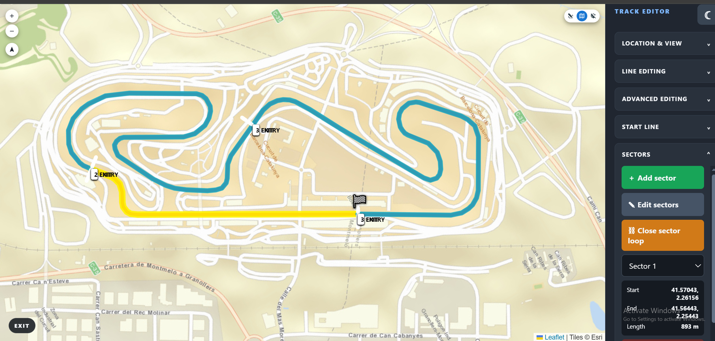 Circuit sectors with boundaries, GPS positions and measured length