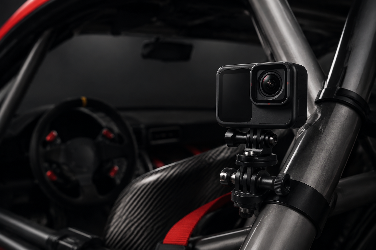 Temporary image of an action camera mounted in a track car